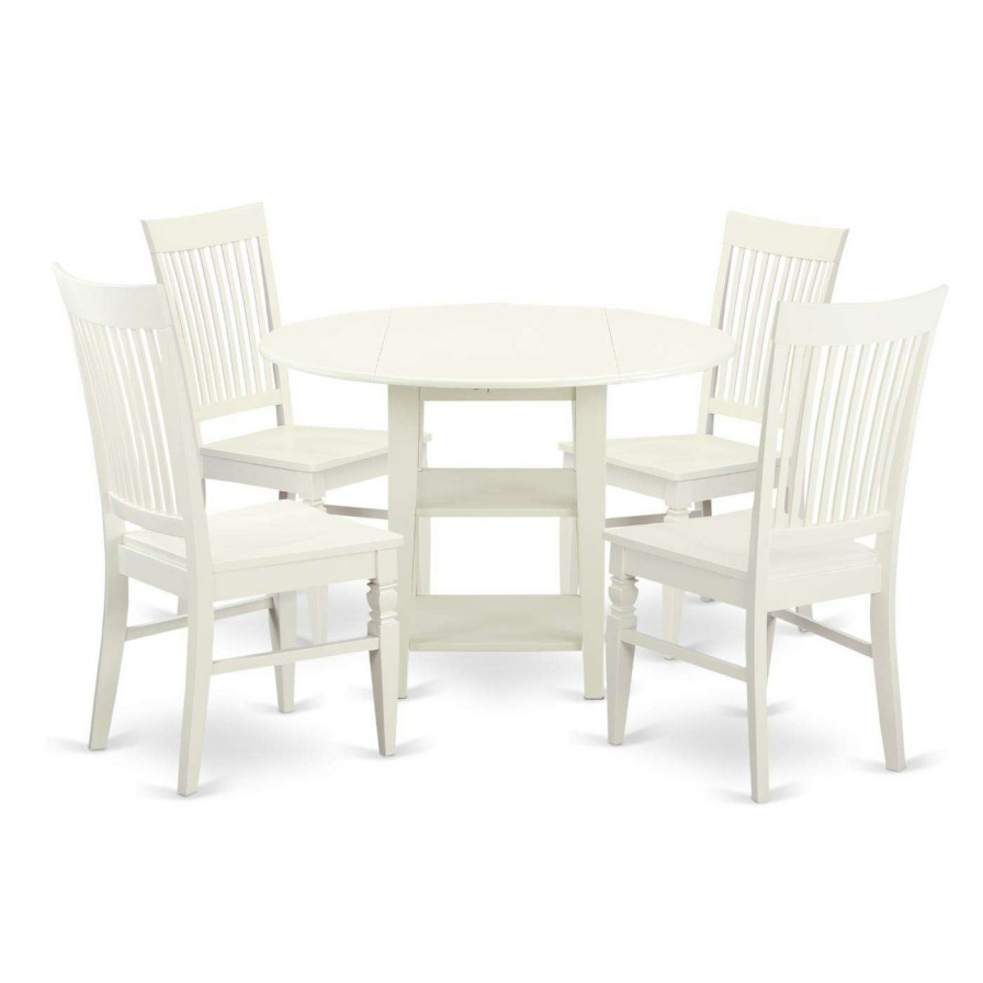 Dining Table Sets * | Best Reviews Of Round East West Furniture Sudbury 5 Piece Dual Drop Leaf Dining Table Set With Slat Back Chairs