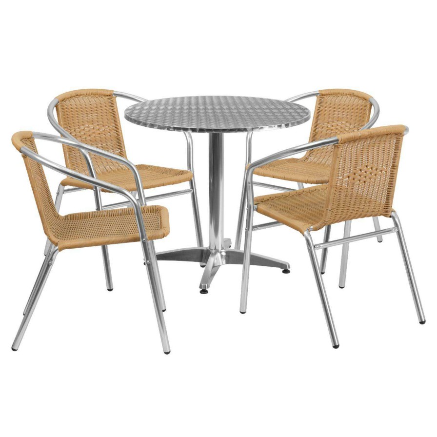 Dining Table Sets * | Discount Flash Furniture 31.5 In. Round Aluminum Indoor-Outdoor Table With 4 Rattan Arm Chairs