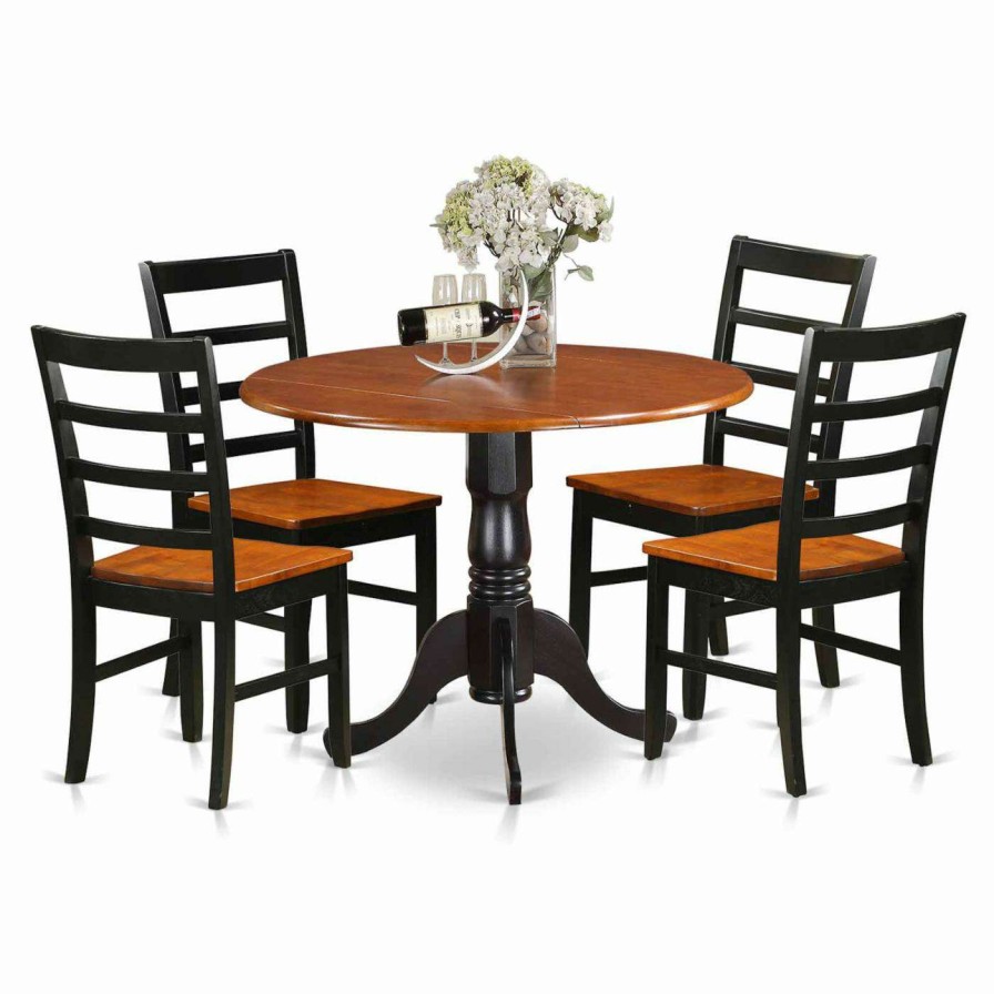 Dining Table Sets * | Brand New Round East West Furniture Dublin 5 Piece Drop Leaf Dining Table Set With Parfait Wooden Seat Chairs