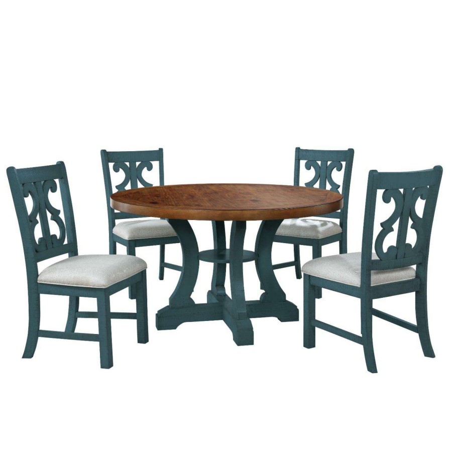 Dining Table Sets * | Budget Round Furniture Of America Mudd 5-Piece Dining Table Set Antique Blue Antique Light Blue/Distressed Dark Oak