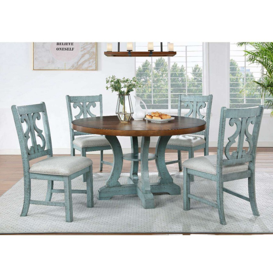 Dining Table Sets * | Budget Round Furniture Of America Mudd 5-Piece Dining Table Set Antique Blue Antique Light Blue/Distressed Dark Oak