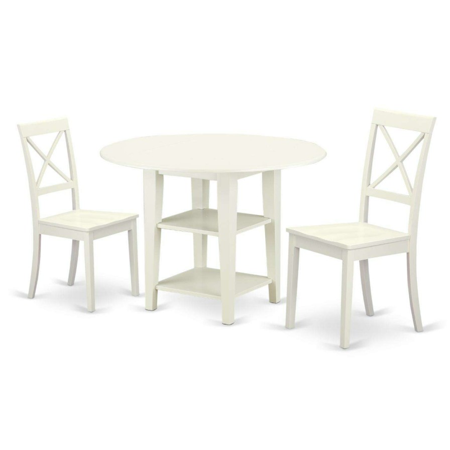 Dining Table Sets * | Best Sale Round East West Furniture Sudbury 3 Piece Dual Drop Leaf Dining Table Set With Cross Back Dining Chairs Linen White