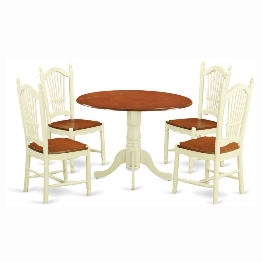 Dining Table Sets * | Promo Round East West Furniture Dublin 5 Piece Drop Leaf Dining Table Set With Dover Wooden Seat Chairs