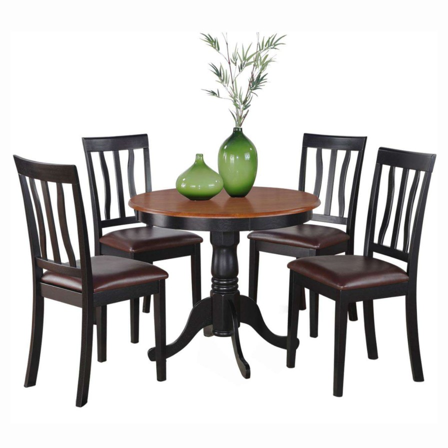 Dining Table Sets * | Brand New East West Furniture Antique 5 Piece Pedestal Round Dining Table Set With Faux Leather Seat