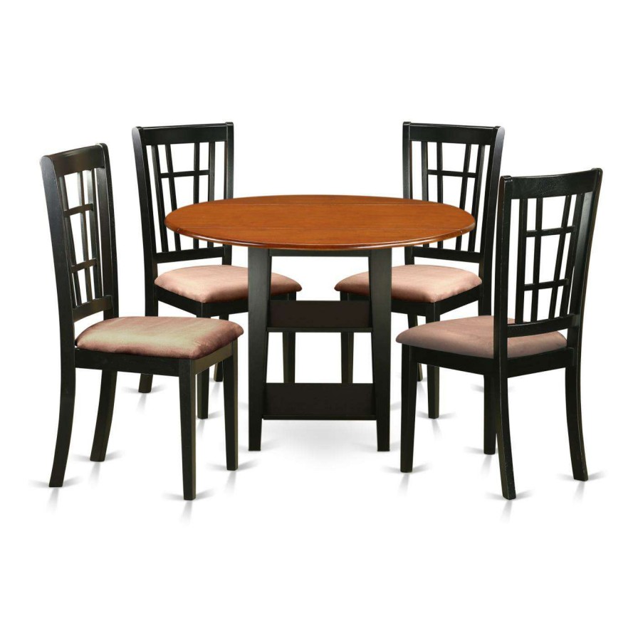 Dining Table Sets * | Discount Round East West Furniture Sudbury 5 Piece Dual Drop Leaf Dining Table Set With Lattice Back Chairs