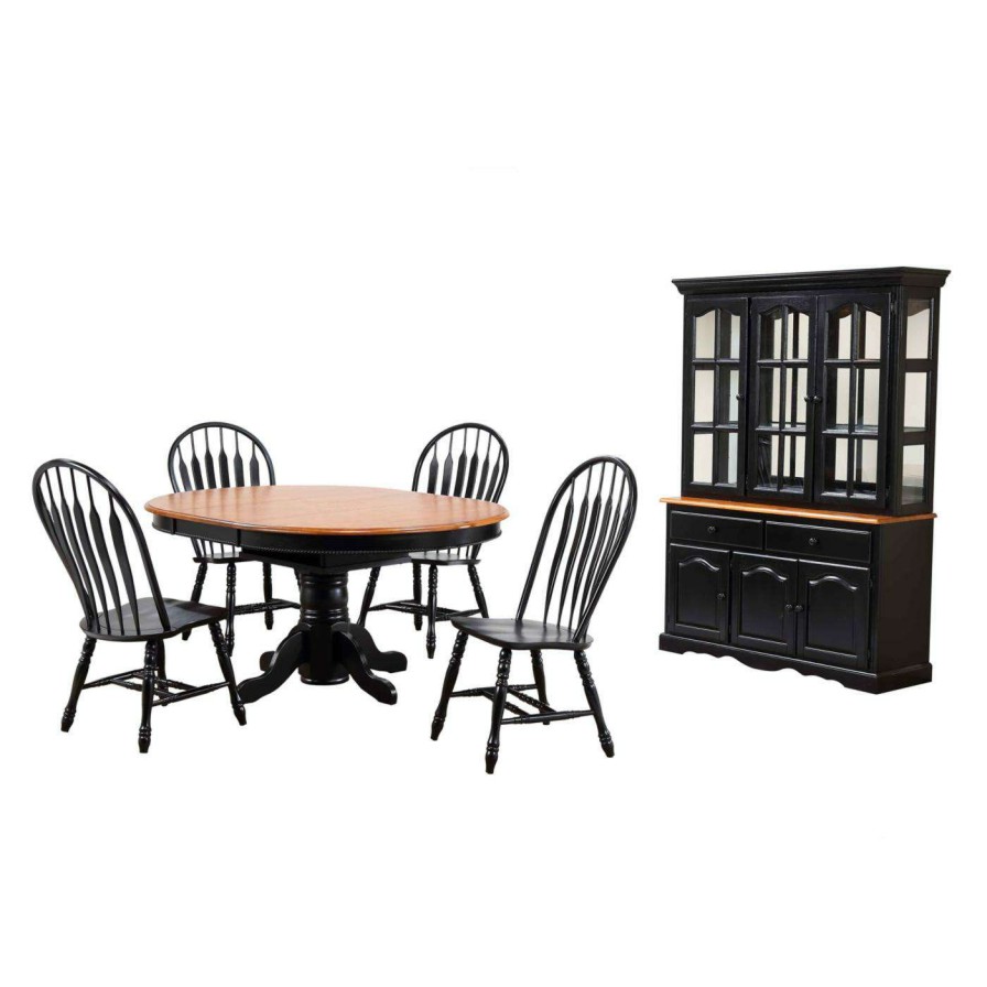 Dining Table Sets * | Wholesale Round Sunset Trading 7 Piece Dining Table Set With China Cabinet Light Oak