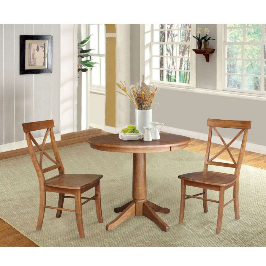 Dining Table Sets * | Cheap Round International Concepts 36 In. 3 Piece Straight Base Dining Table Set With 2 X-Back Chairs And 12 In. Extension Leaf