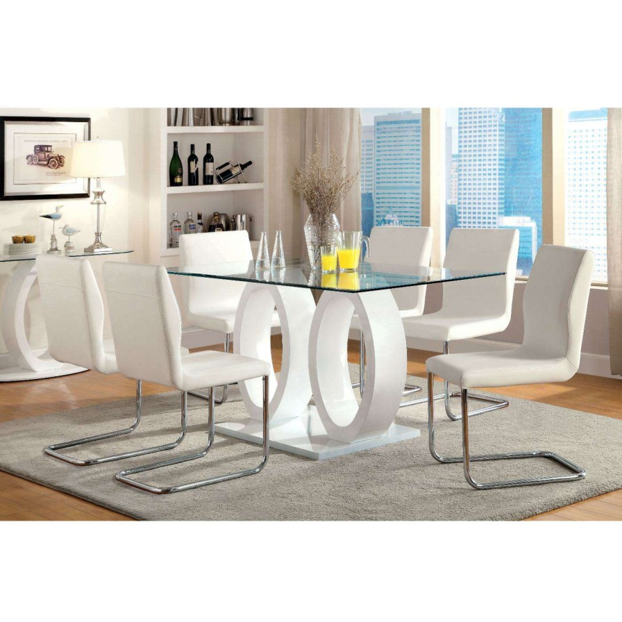 Dining Table Sets * | Best Reviews Of Rectangle Furniture Of America Damore Contemporary 7 Piece High Gloss Dining Table Set White