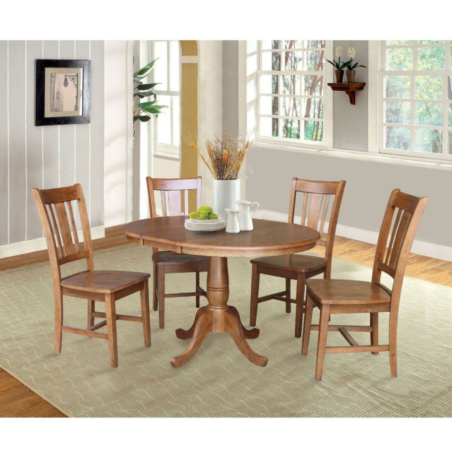 Dining Table Sets * | Best Sale Oval International Concepts 5 Piece Curved Pedestal Dining Table Set With Extension Leaf And San Remo Chairs