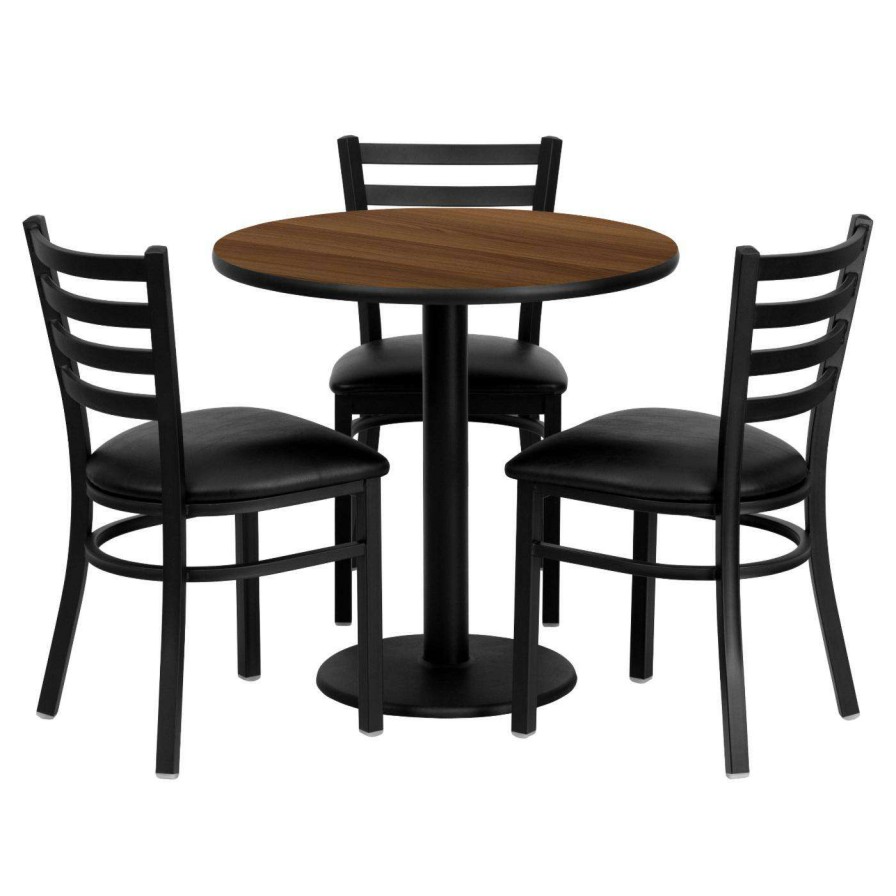 Dining Table Sets * | Wholesale Flash Furniture 30 In. Round Walnut Laminate Table Set With 3 Black Vinyl Seat Ladder Back Metal Chairs