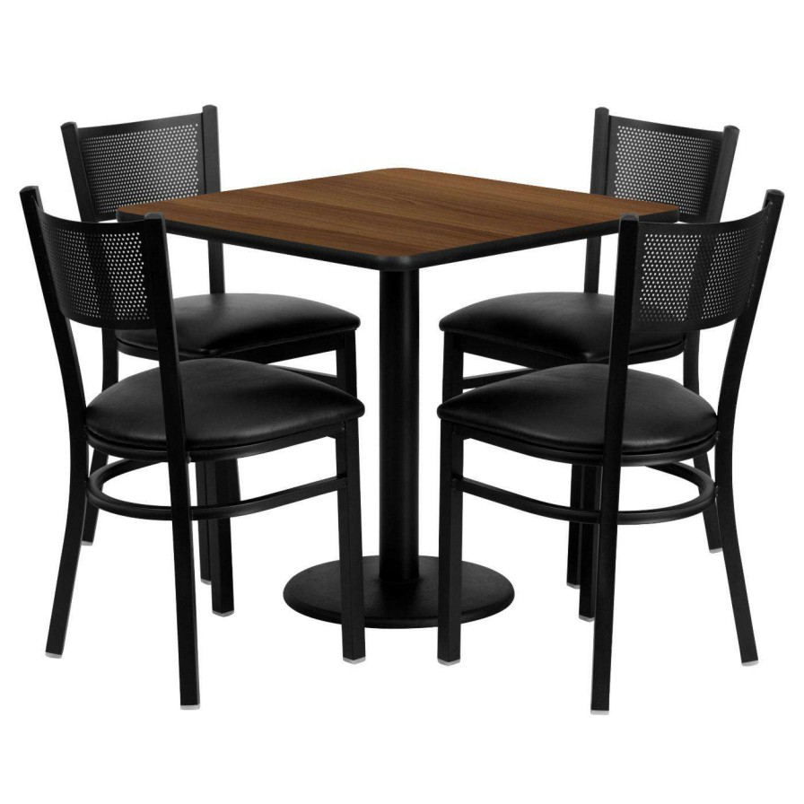 Dining Table Sets * | New Flash Furniture 30 In. Square Walnut Laminate Table Set With 4 Black Vinyl Seat Mesh Back Metal Chairs