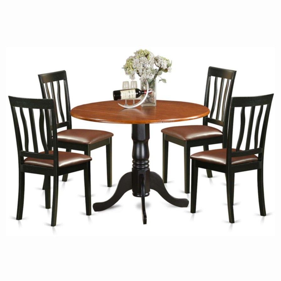 Dining Table Sets * | Coupon Round East West Furniture Dublin 5 Piece Drop Leaf Dining Table Set With Antique Faux Leather Seat Chairs