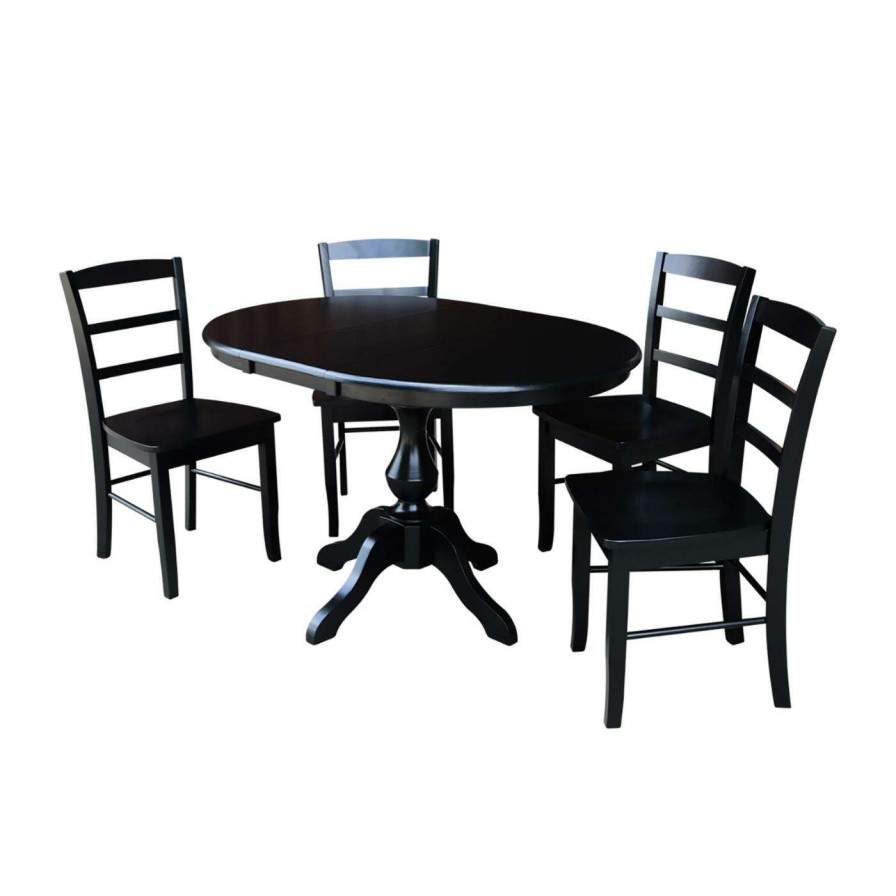 Dining Table Sets * | Cheapest Oval International Concepts 5 Piece Round Dining Table Set With Extension Leaf And Madrid Chairs Black