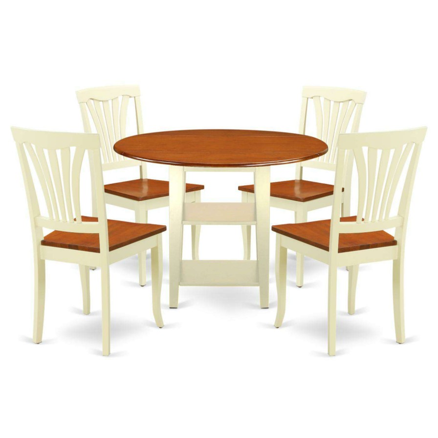 Dining Table Sets * | New East West Furniture Sudbury 5 Piece Round Extending Dining Table Set With Wood Seat Chairs