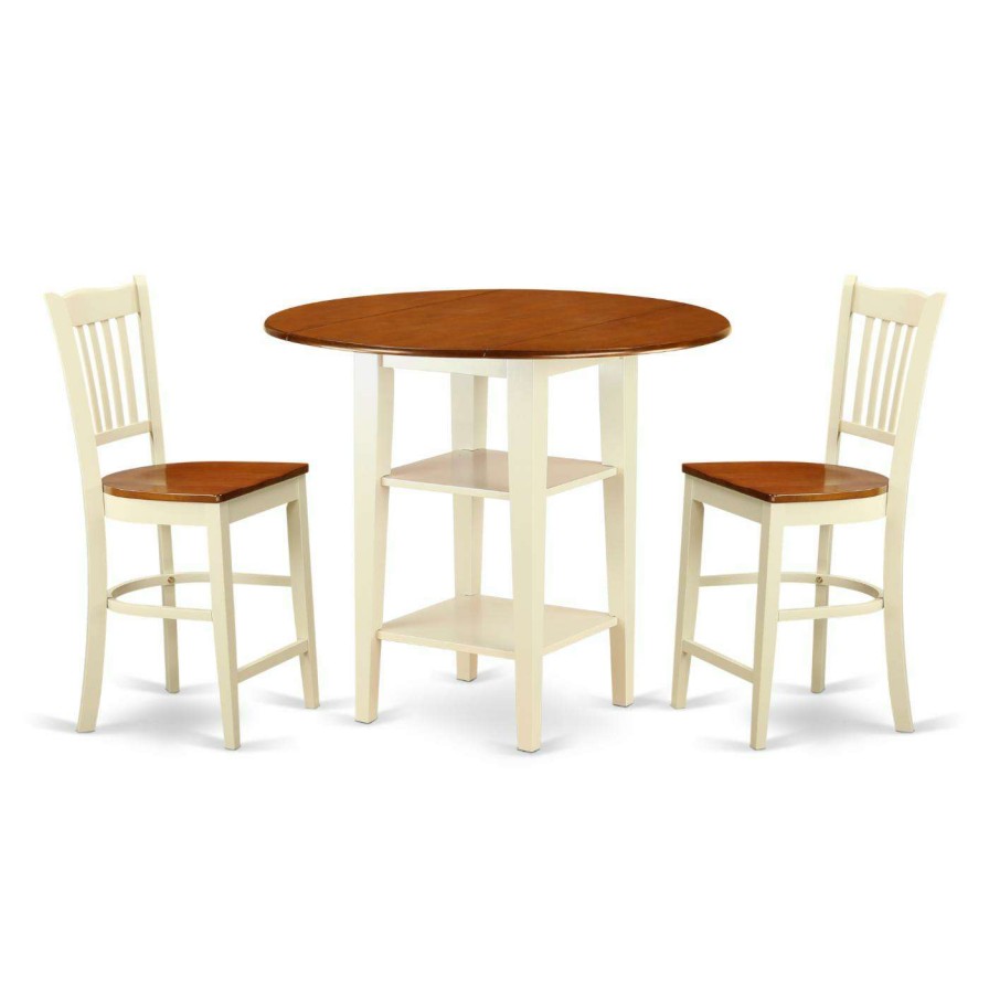 Dining Table Sets * | Wholesale Round East West Furniture Sudbury 3 Piece Double Drop Leaf Dining Table Set With Slat Back Chairs Buttermilk / Cherry