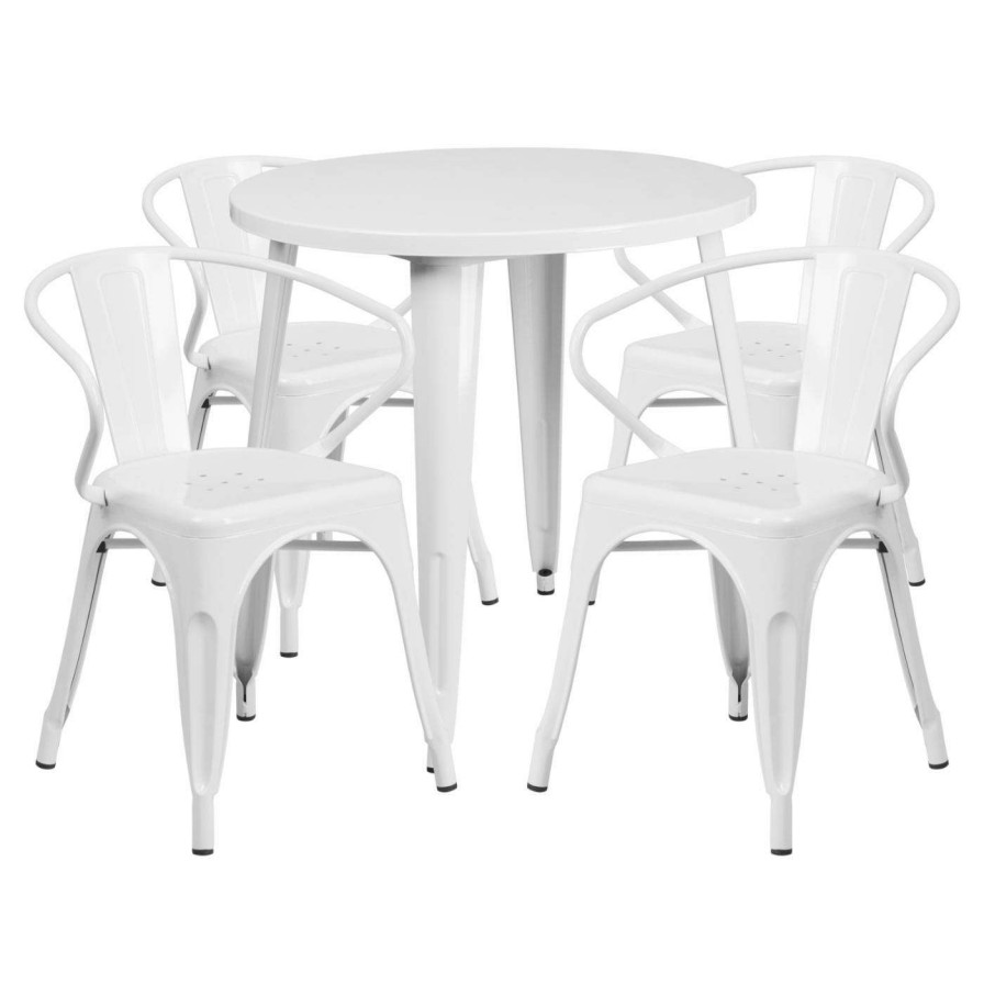 Dining Table Sets * | Outlet Flash Furniture 30 In. Round Metal Indoor-Outdoor Table Set With 4 Splat Back Arm Chairs