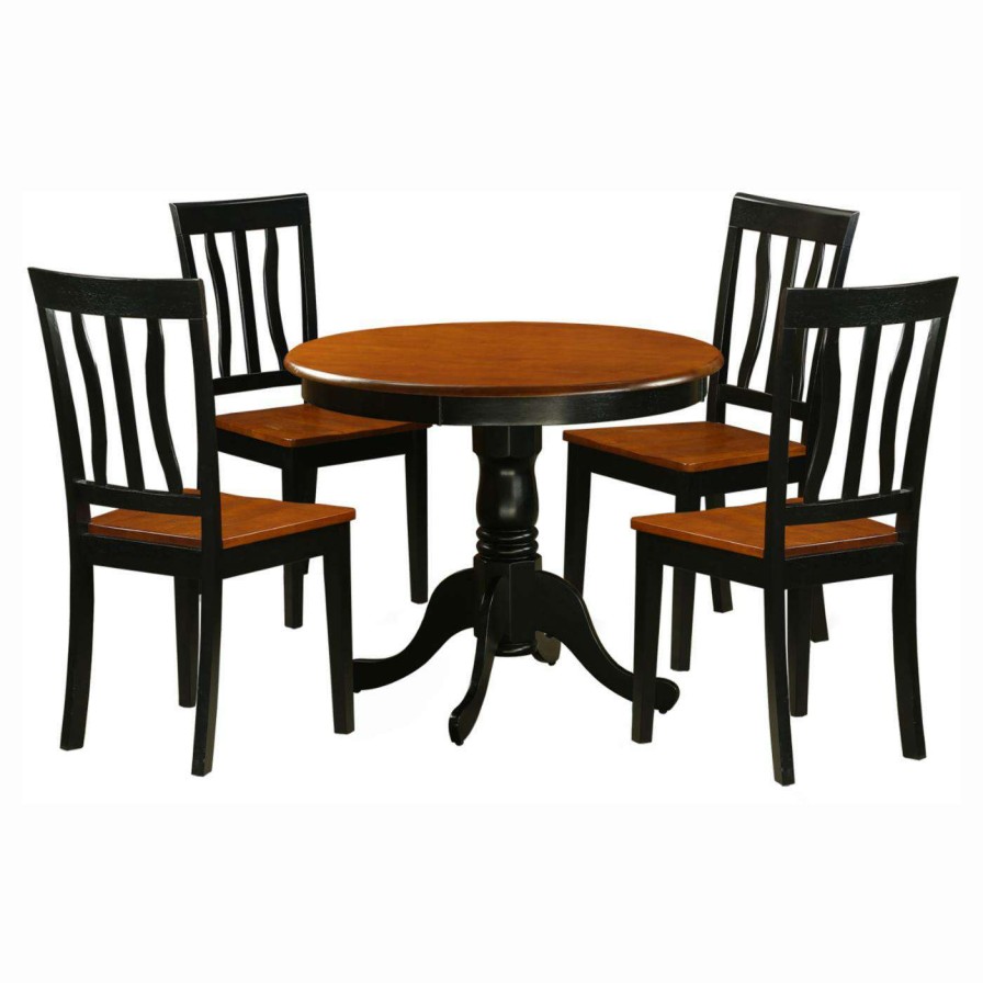 Dining Table Sets * | Budget East West Furniture Antique 5 Piece Pedestal Round Dining Table Set With Wooden Seat