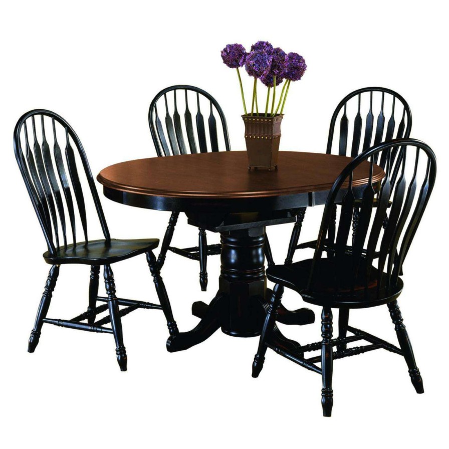 Dining Table Sets * | Cheapest Oval Sunset Trading 5-Piece Pedestal Dining Set With Comfort Back Chairs Antique Black With Cherry Top