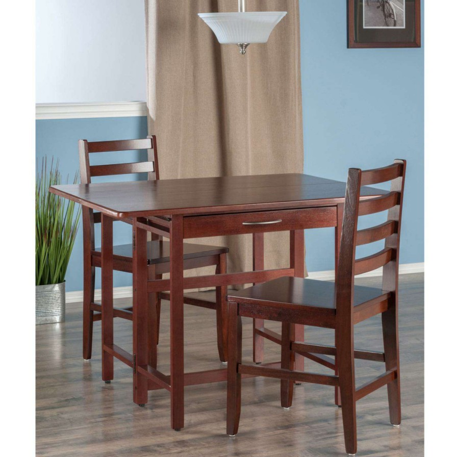 Dining Table Sets * | Flash Sale Rectangle Winsome Trading Taylor 3 Piece Drop Leaf Table Ladder Back Chair Set