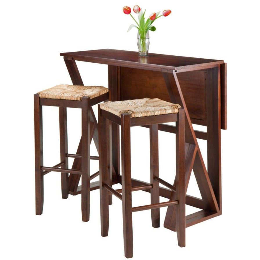 Dining Table Sets * | Flash Sale Rectangle Winsome Trading Harrington 3 Piece Counter Height Dining Table Set With 29 In. Rush Seat Stools