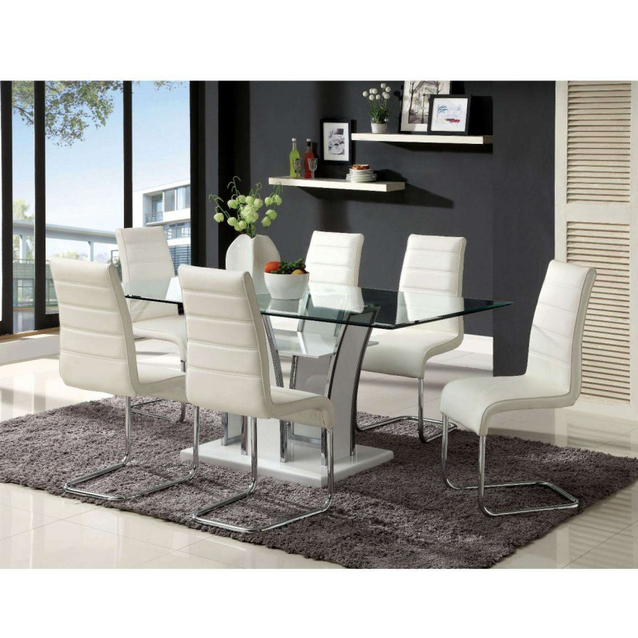 Dining Table Sets * | Best Sale Rectangle Furniture Of America Florencine 7-Piece Glass Top Dining Set White