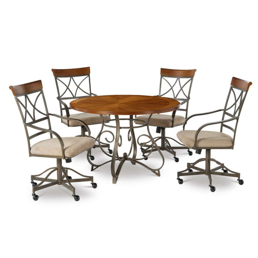 Dining Table Sets * | Flash Sale Round Powell Hamilton 5-Piece Dining Set With Castors Brushed Faux Medium Cherry And Matte Pewter And Bronze