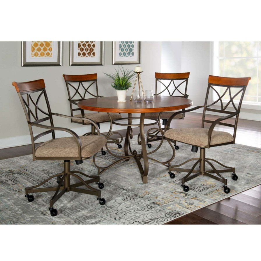 Dining Table Sets * | Flash Sale Round Powell Hamilton 5-Piece Dining Set With Castors Brushed Faux Medium Cherry And Matte Pewter And Bronze