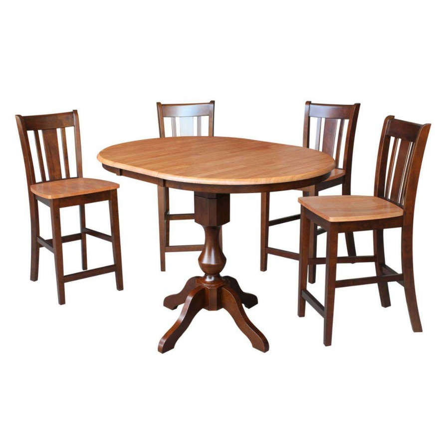 Dining Table Sets * | Cheap Oval International Concepts 5 Piece Fluted Pedestal Counter Height Extension Dining Table Set With San Remo Stools