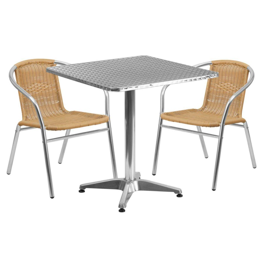 Dining Table Sets * | Wholesale Flash Furniture 27.5 In. Square Aluminum Indoor-Outdoor Table With 2 Rattan Arm Chairs