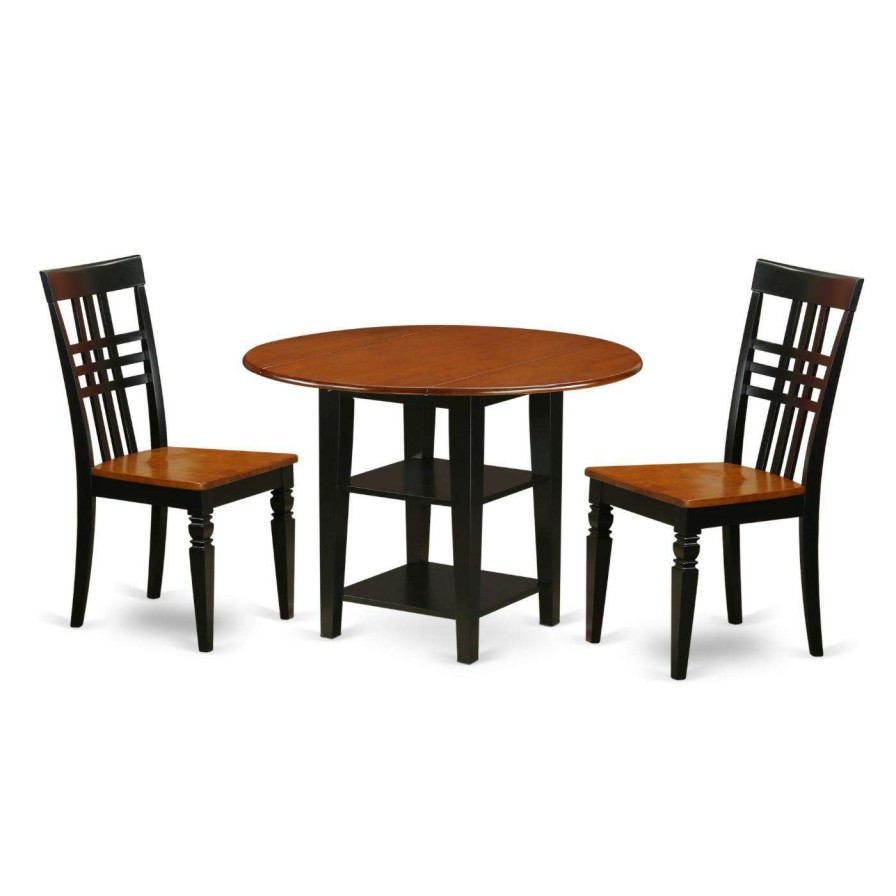 Dining Table Sets * | Deals Round East West Furniture Sudbury 3 Piece Dual Drop Leaf Dining Table Set With Wood Seat Dining Chairs Black/Cherry