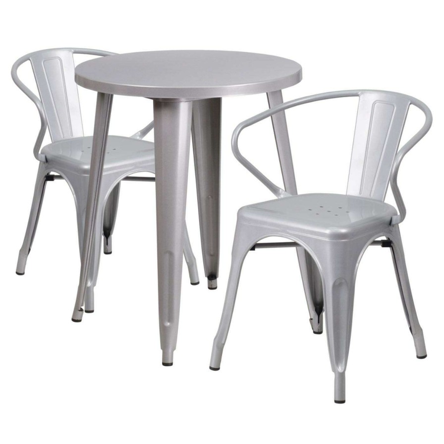 Dining Table Sets * | Cheapest Flash Furniture 24 In. Round Metal Indoor-Outdoor Table Set With 2 Splat Back Arm Chairs