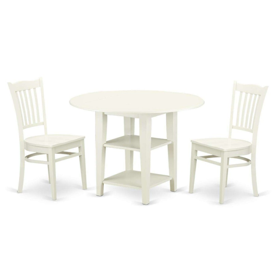 Dining Table Sets * | New Round East West Furniture Sudbury 3 Piece Dual Drop Leaf Dining Table Set With Slat Back Chairs Linen White