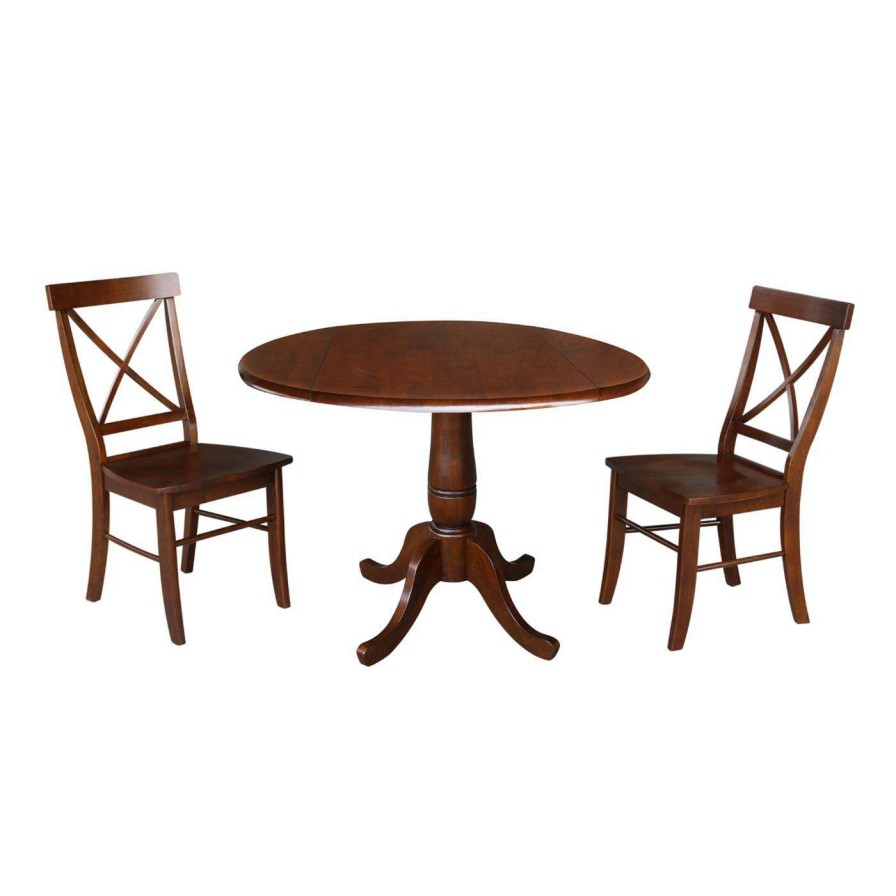 Dining Table Sets * | Outlet Rectangle International Concepts 3 Piece Round Pedestal Dining Set With Drop Leaf