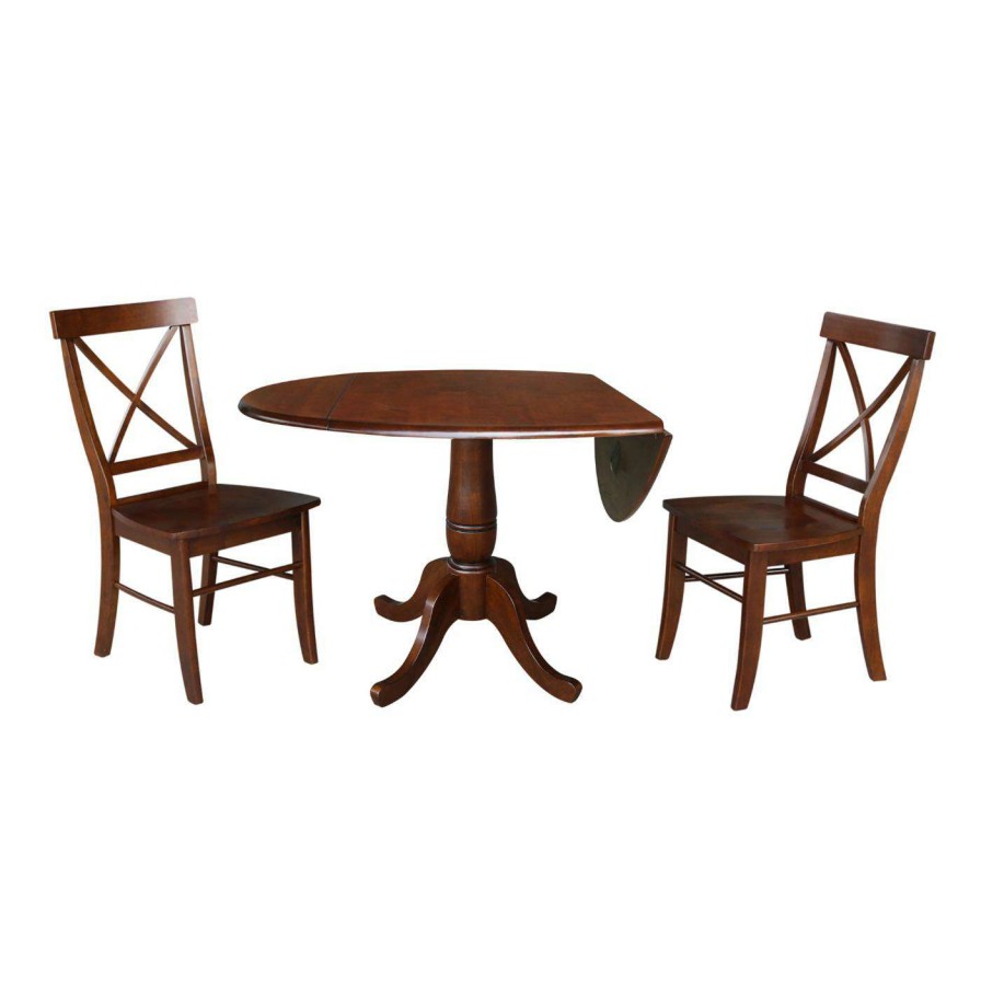 Dining Table Sets * | Outlet Rectangle International Concepts 3 Piece Round Pedestal Dining Set With Drop Leaf