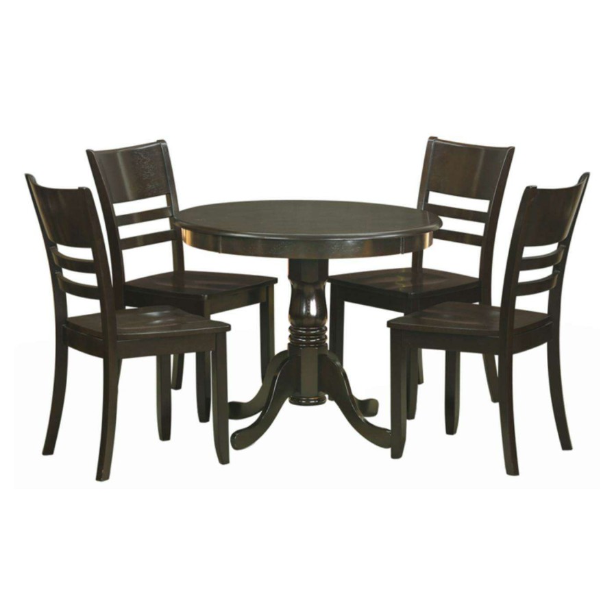 Dining Table Sets * | Buy East West Furniture Antique 5 Piece Pedestal Round Dining Table Set With Fields Wooden Seat Chairs