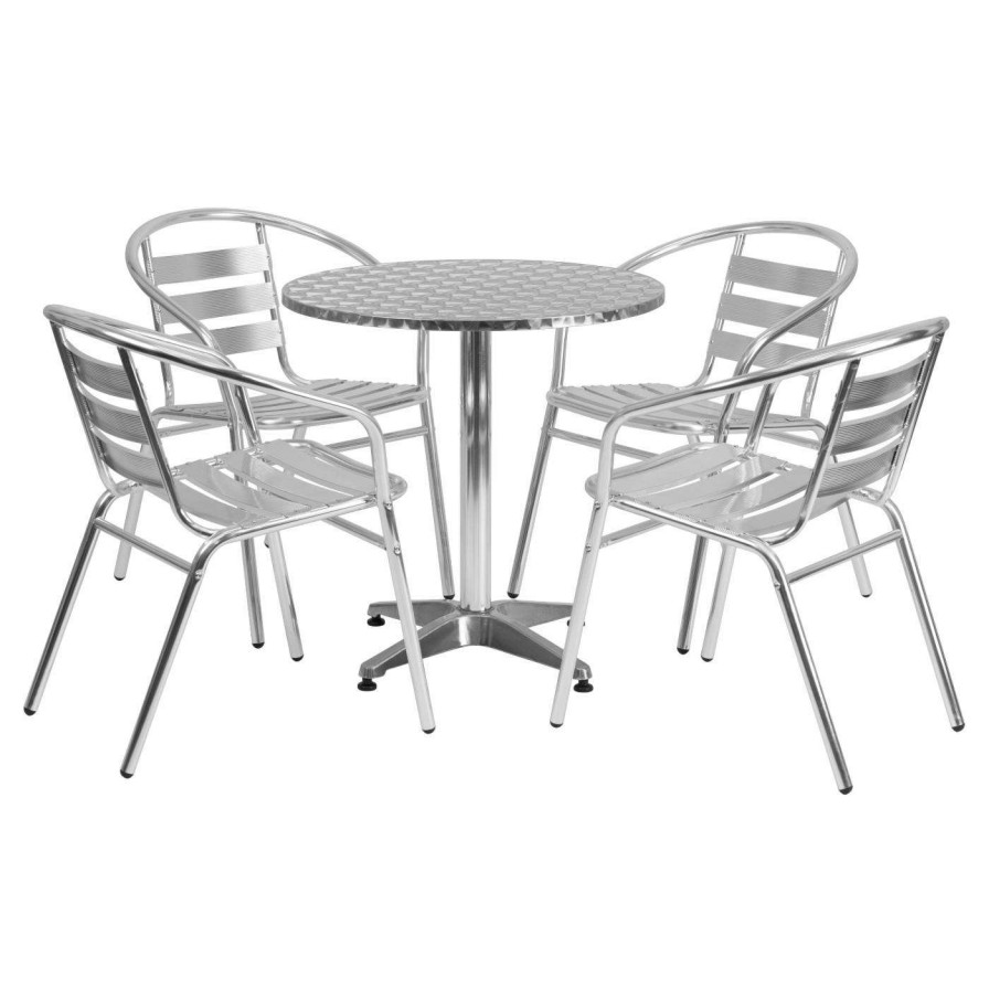 Dining Table Sets * | Promo Flash Furniture 27.5 In. Round Aluminum Indoor-Outdoor Table With 4 Slat Back Arm Chairs