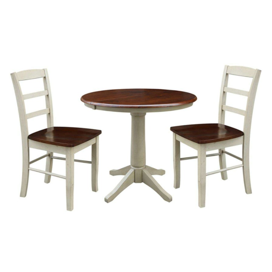 Dining Table Sets * | Best Pirce Round International Concepts 36 In. 3 Piece Straight Base Dining Table Set With 2 Madrid Chairs And 12 In. Extension Leaf