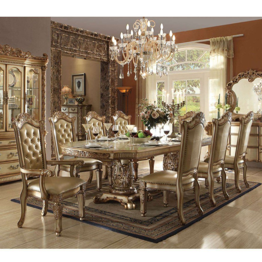 Dining Table Sets * | Buy Rectangle Acme Furniture Vendome Gold 9 Piece Double Pedestal Dining Table Set