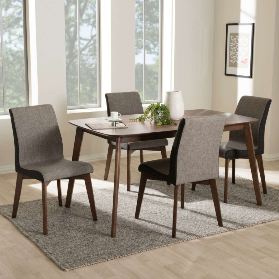 Dining Table Sets * | Best Reviews Of Rectangle Baxton Studio Kimberly Mid-Century Modern Beige And Brown Fabric 5 Piece Dining Set