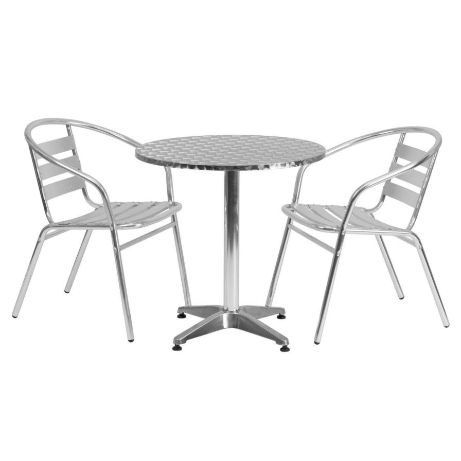 Dining Table Sets * | Top 10 Flash Furniture 27.5 In. Round Aluminum Indoor-Outdoor Table With 2 Slat Back Arm Chairs