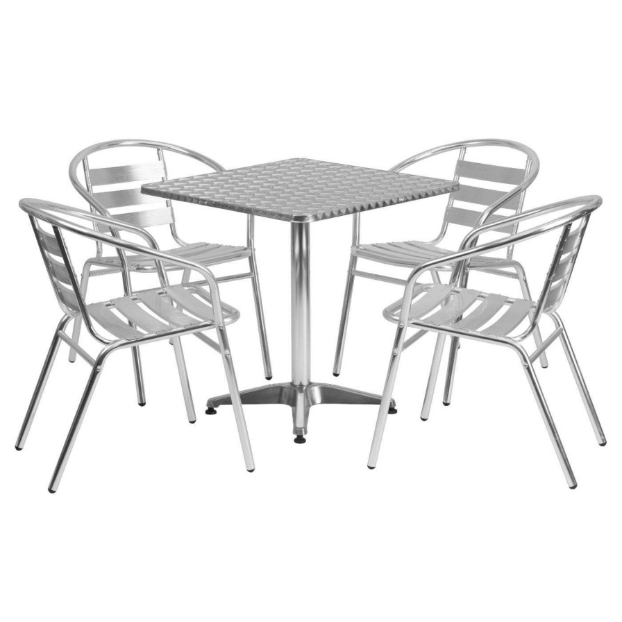 Dining Table Sets * | Best Sale Flash Furniture 27.5 In. Square Aluminum Indoor-Outdoor Table With 4 Slat Back Arm Chairs