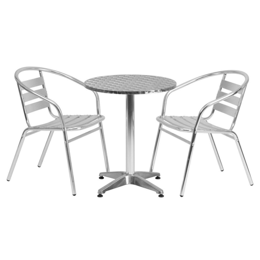 Dining Table Sets * | Best Pirce Flash Furniture 23.5 In. Round Aluminum Indoor-Outdoor Table With 2 Slat Back Arm Chairs