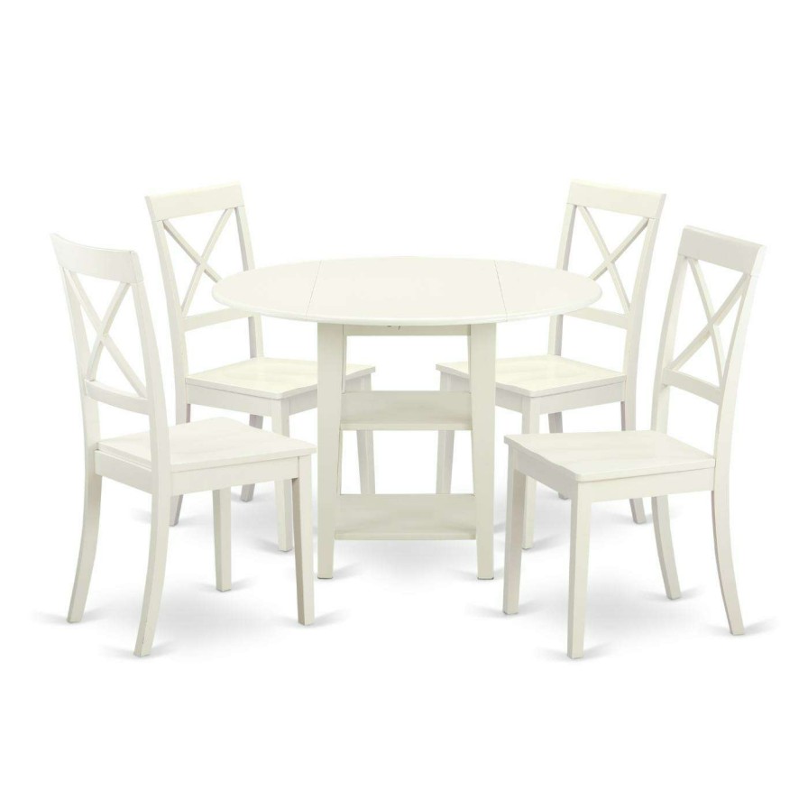 Dining Table Sets * | Deals Round East West Furniture Sudbury 5 Piece Dual Drop Leaf Dining Table Set With Cross Back Dining Chairs Linen White