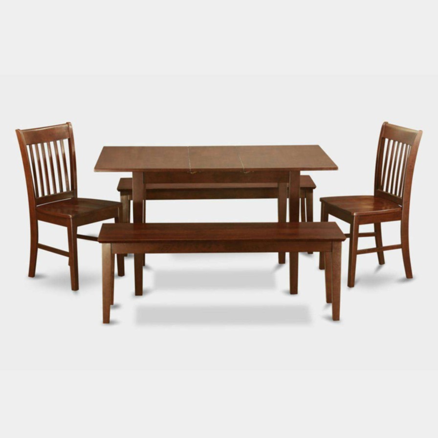 Dining Table Sets * | Top 10 Rectangle East West Furniture Norfolk 5 Piece Slat Back Dining Table Set With 2 Benches Wood