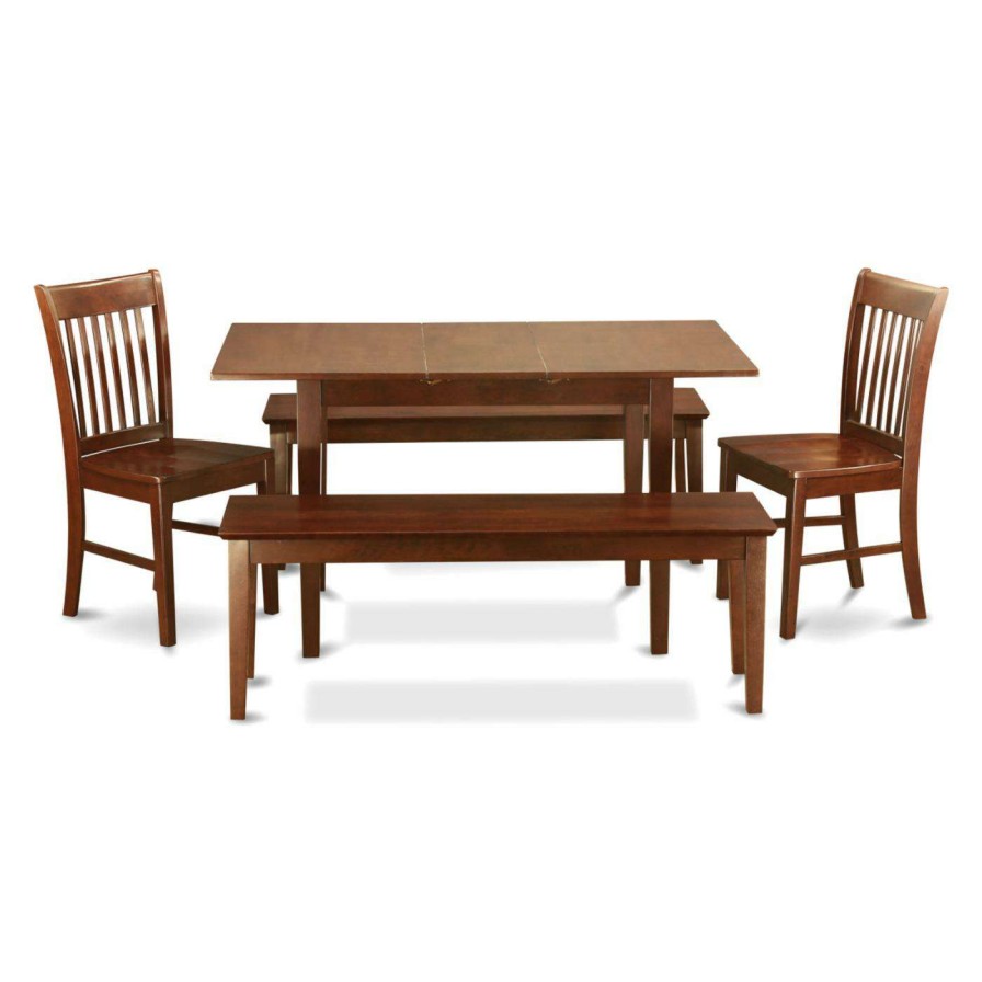 Dining Table Sets * | Top 10 Rectangle East West Furniture Norfolk 5 Piece Slat Back Dining Table Set With 2 Benches Wood