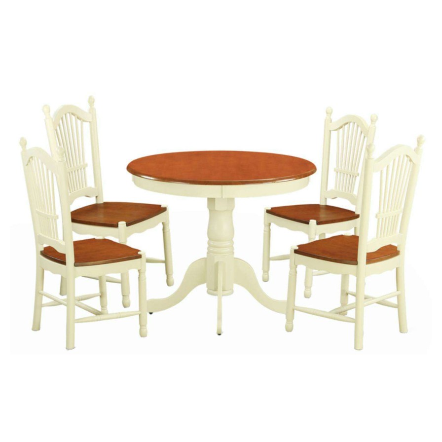 Dining Table Sets * | Buy East West Furniture Antique 5 Piece Pedestal Round Dining Table Set With Dover Wooden Seat Chairs