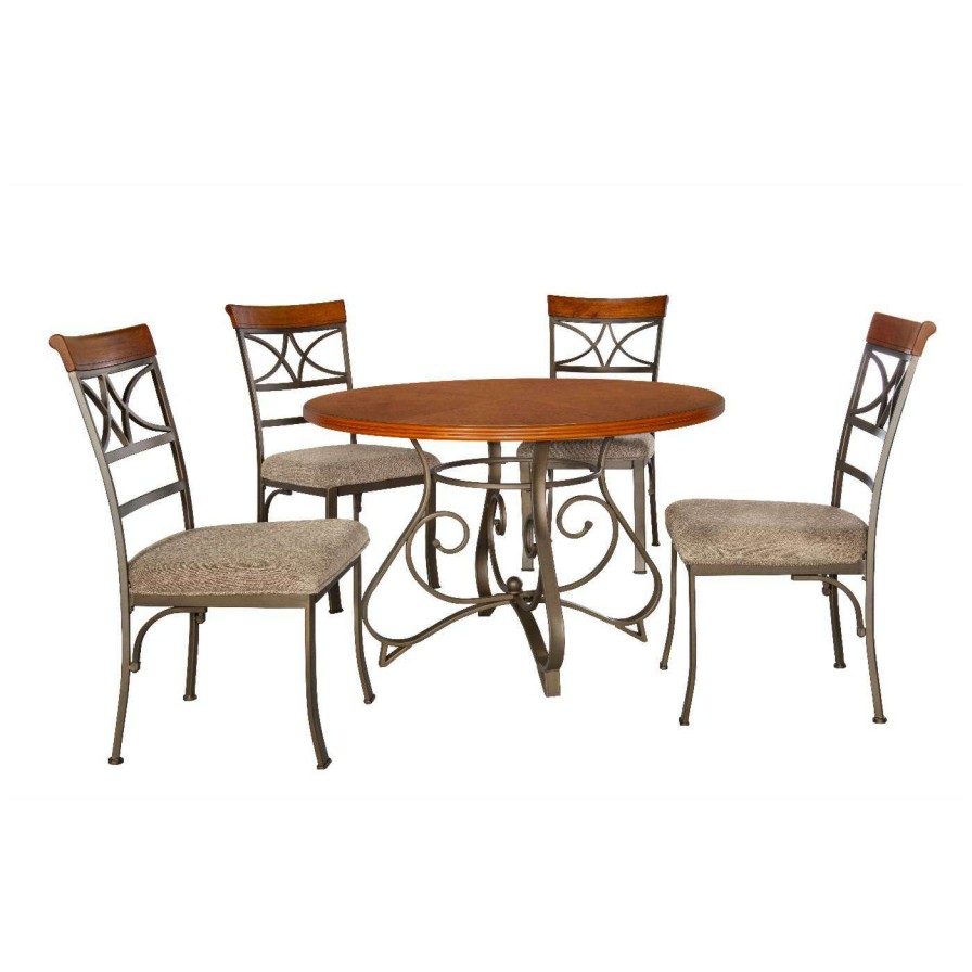 Dining Table Sets * | Best Reviews Of Round Powell Hamilton 5-Piece Dining Set Brushed Faux Medium Cherry And Matte Pewter And Bronze