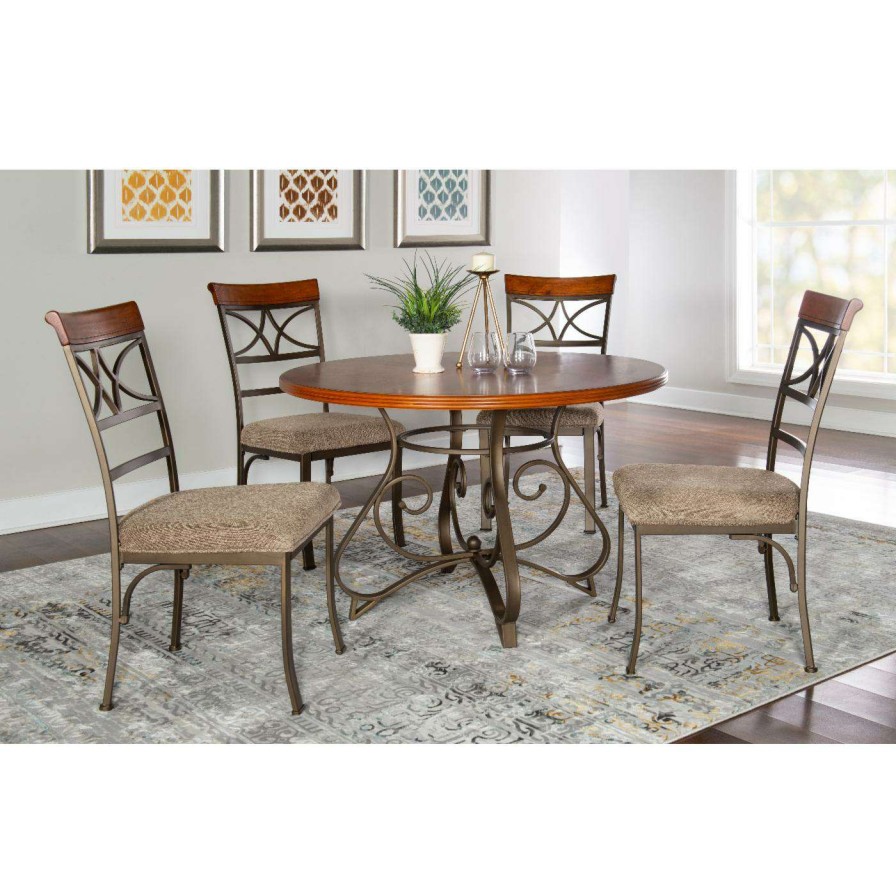 Dining Table Sets * | Best Reviews Of Round Powell Hamilton 5-Piece Dining Set Brushed Faux Medium Cherry And Matte Pewter And Bronze