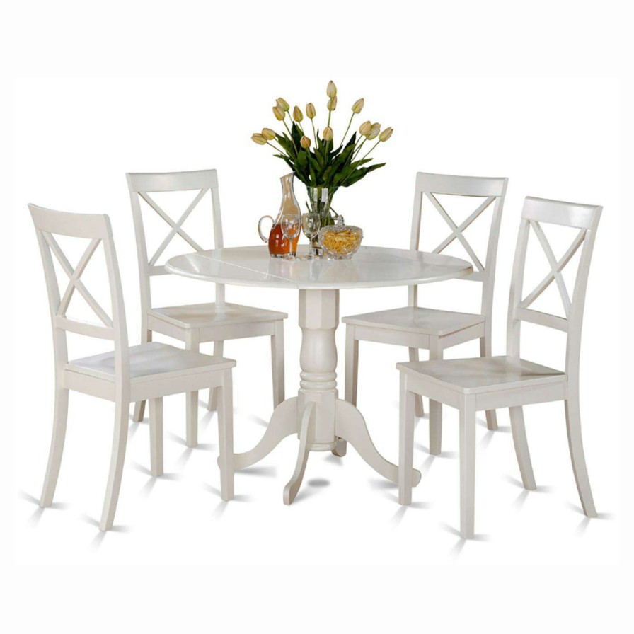 Dining Table Sets * | Deals Round East West Furniture Dublin 5 Piece Drop Leaf Dining Table Set With Boston Wooden Seat Chairs