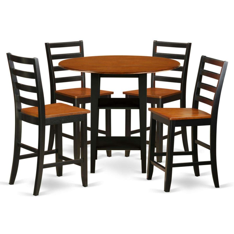 Dining Table Sets * | Flash Sale Round East West Furniture Sudbury 5 Piece Double Drop Leaf Dining Table Set With Ladder Back Chairs Black / Cherry